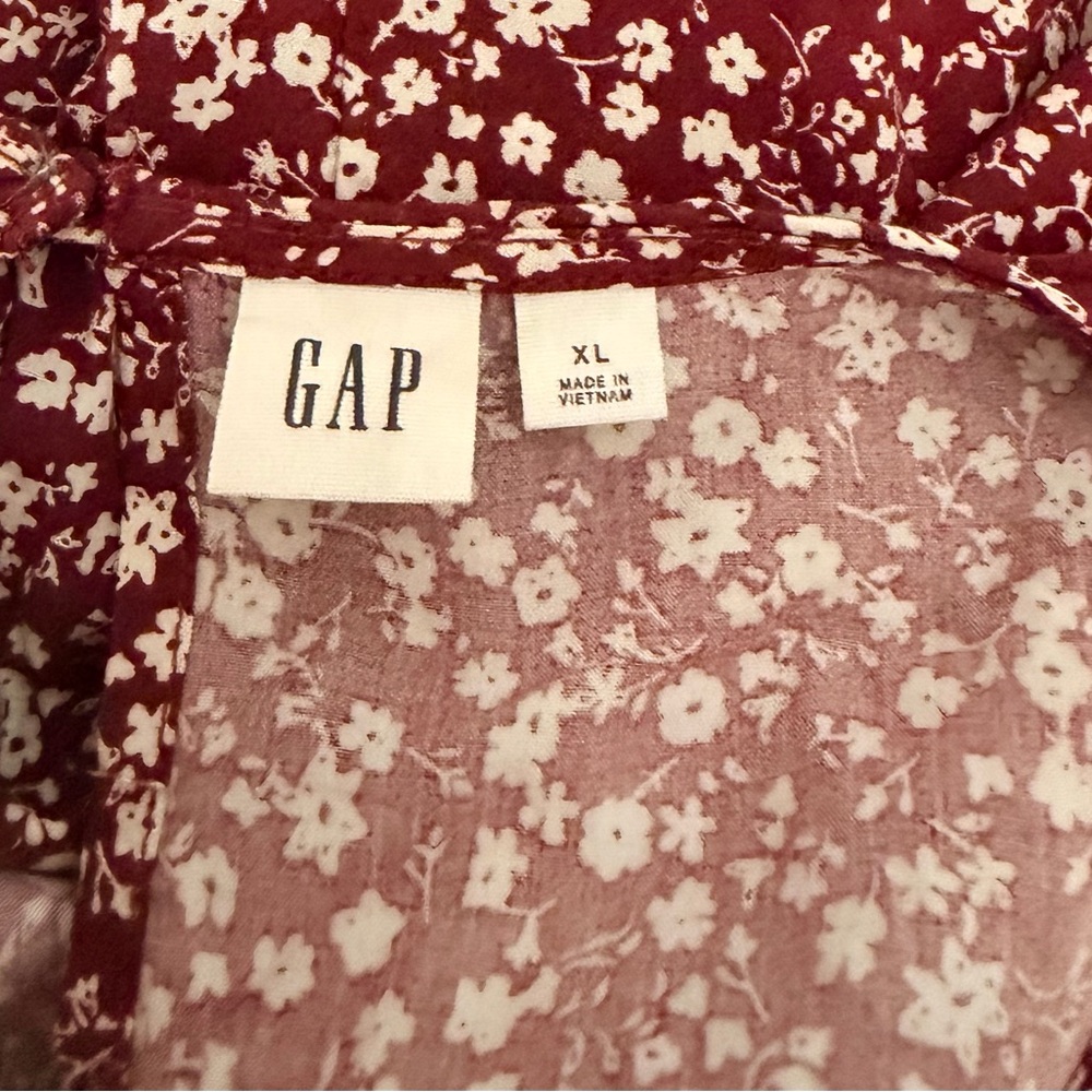 GAP Burgundy Floral Wide Leg Jumpsuit XL | Boho Rayon V-Neck Smocked Waist - Picture 8 of 9
